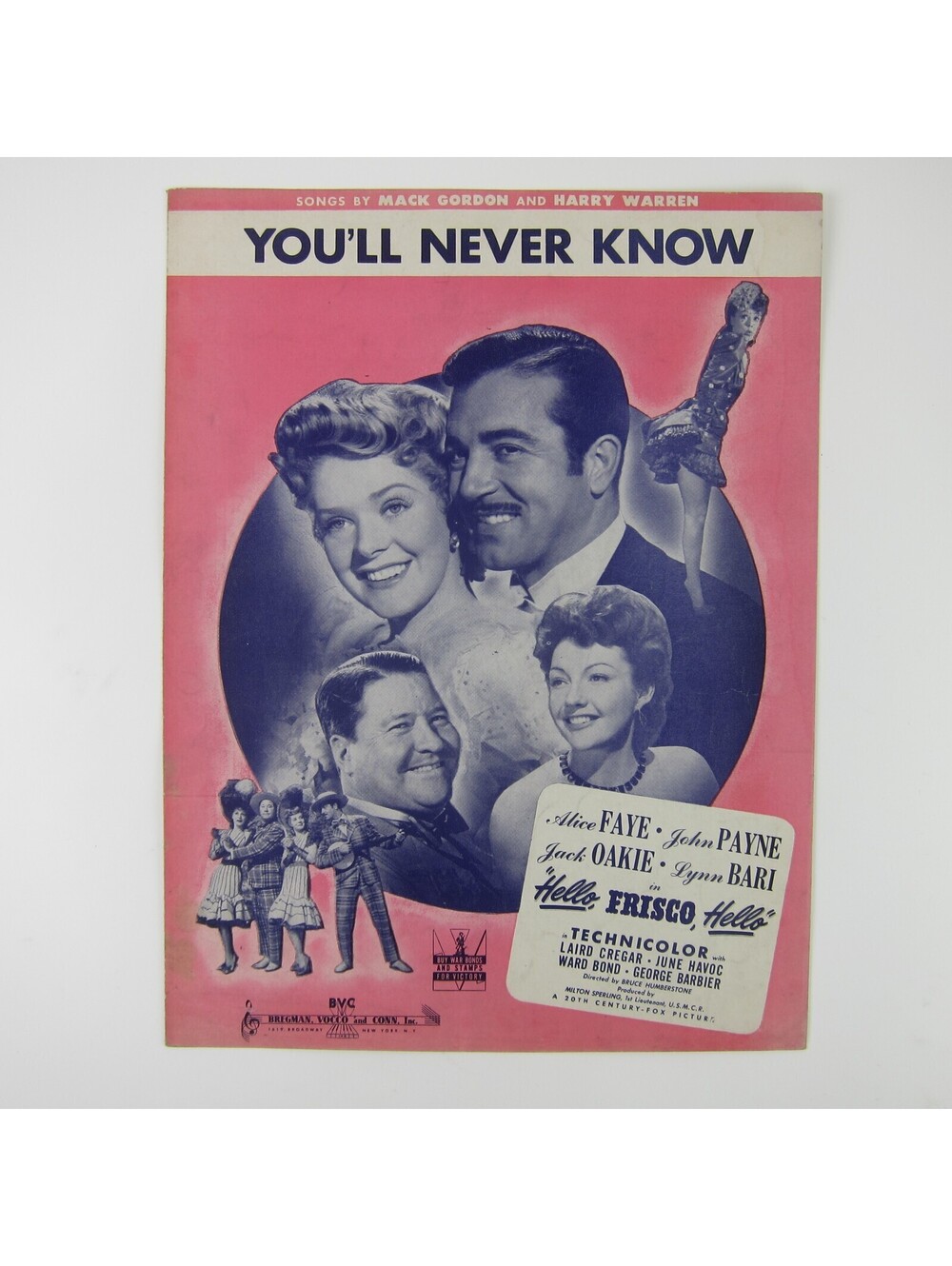 Sheet Music You'll Never Know Hello Frisco Hello Film Alice Faye Vintage 1943
